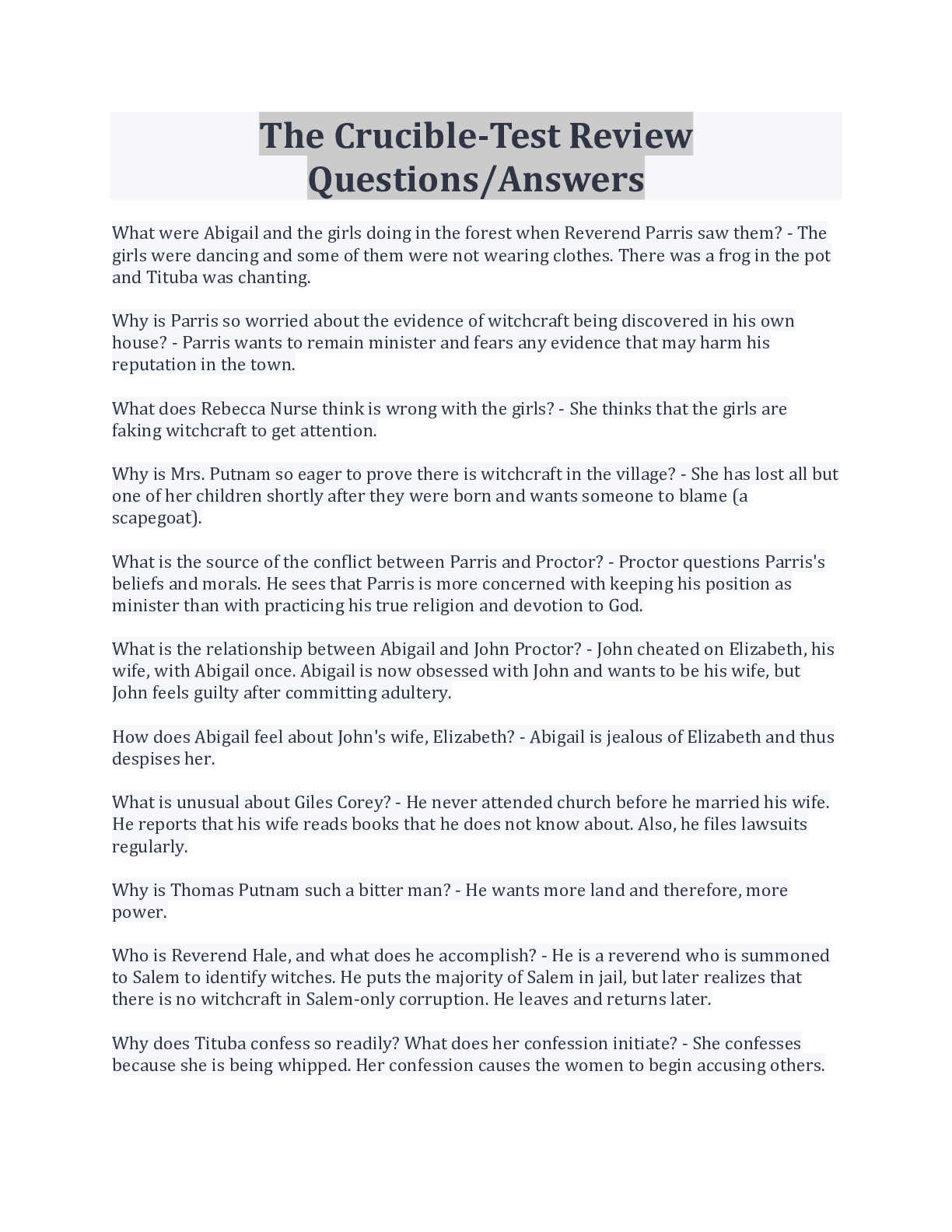 The Crucible Test Questions And Answer Browsegrades